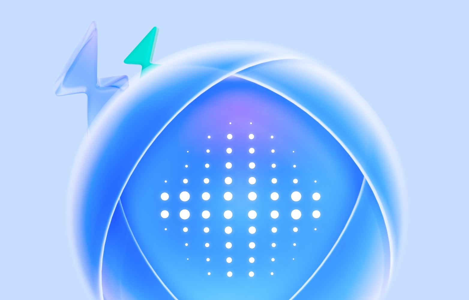 3D blue sphere with grid of dots, surrounded by checkmark, bell, and arrow icons