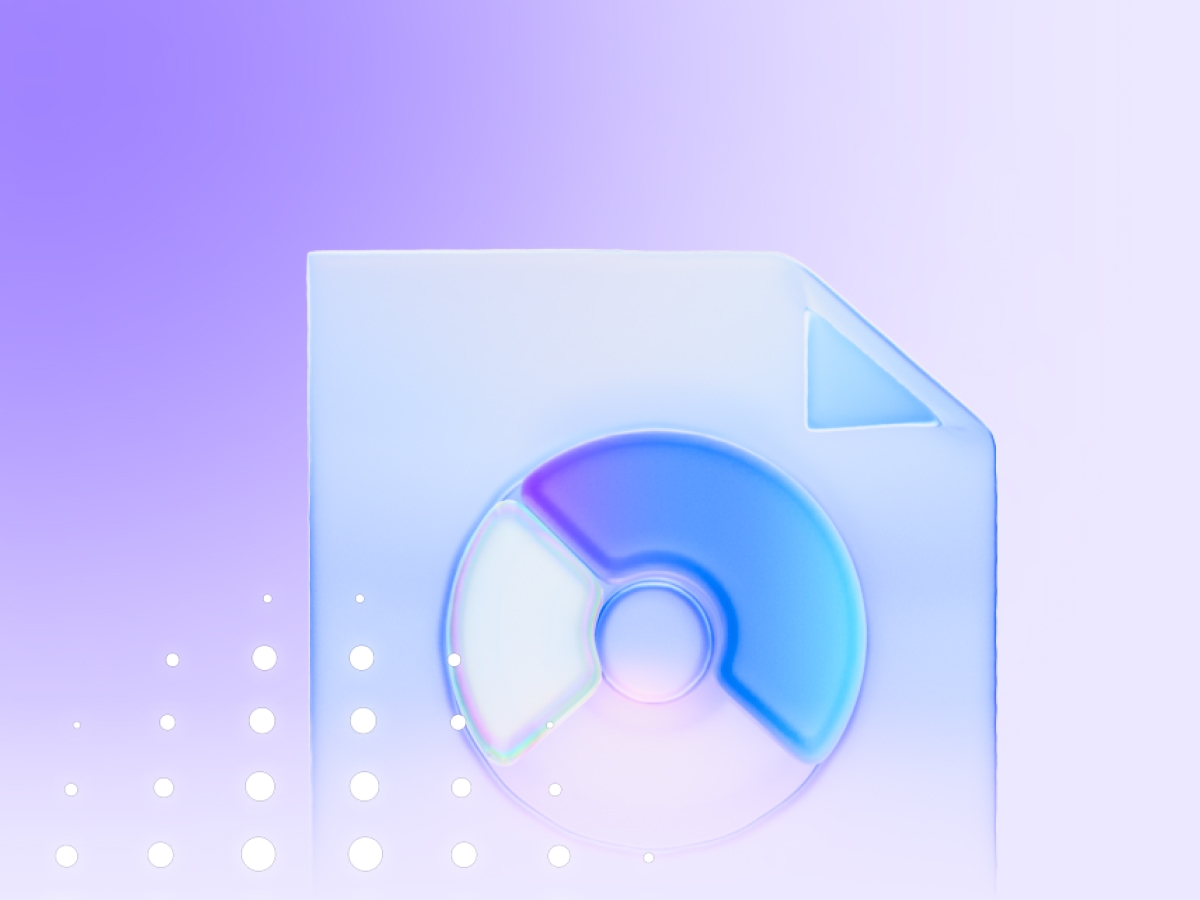 3D chat bubble and pie chart document icon on a purple background