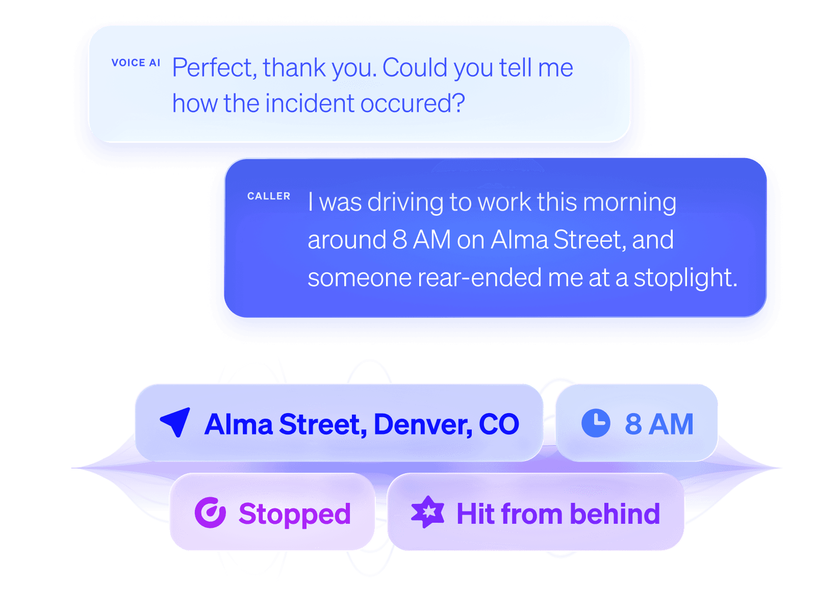 Voice AI–caller chat summarizing a rear-end traffic incident with labeled buttons for details