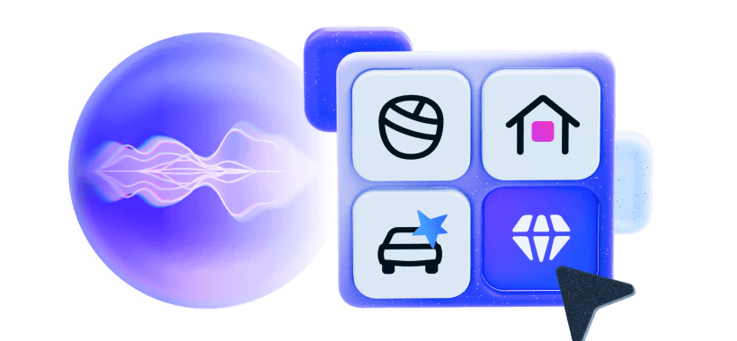 Minimal interface showing voice waves and selectable icons for globe, home, car, and diamond
